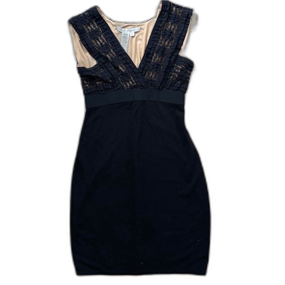 Max Studio Black Lace Ruffle Sleeveless Bodycon Dress Nude Lining Size Small